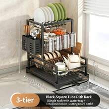 1 pieza Escurridor de platos, escurridor de platos ahorra espacio, escurridor de platos para encimera de cocina, escurridor de platos de acero inoxidable con soporte para utensilios, adecuado para tazones, platos, cuchillos, cucharas y tenedores - Negro - Ver 24