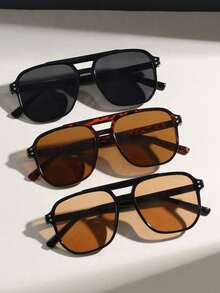 3pcs/1pc Men's Double Bridge Square Rivet Fashion Glasses, Black, Leopard, Tea Color, Suitable For Summer Beach Vacation, Outdoor And Travel Use - Multicolor - View 9