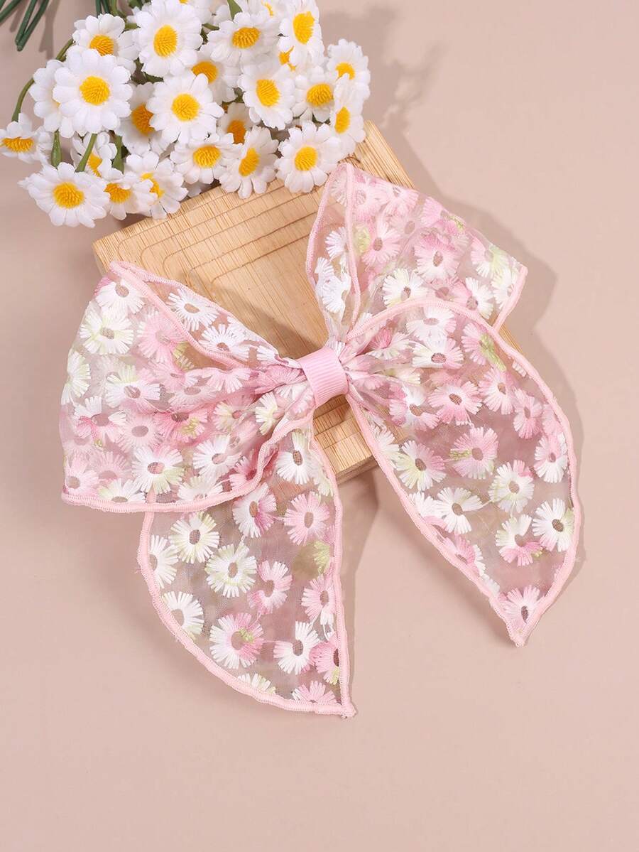 1個波希米亞風刺繡雛菊髮夾,優雅網紗花朵蝴蝶結,適合夏季日常佩戴,田園風少女髮飾 - 彩色 - 查看 1