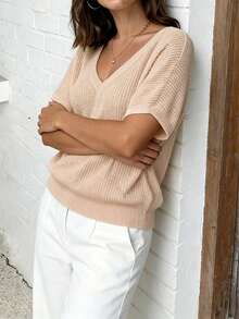大尺碼女款休閒優雅針織上衣，日常度假節慶杏色V領蝙蝠袖羅紋針織短版套頭毛衣，夏季女款，微彈性，秋季必備 - 杏色 - 查看 3