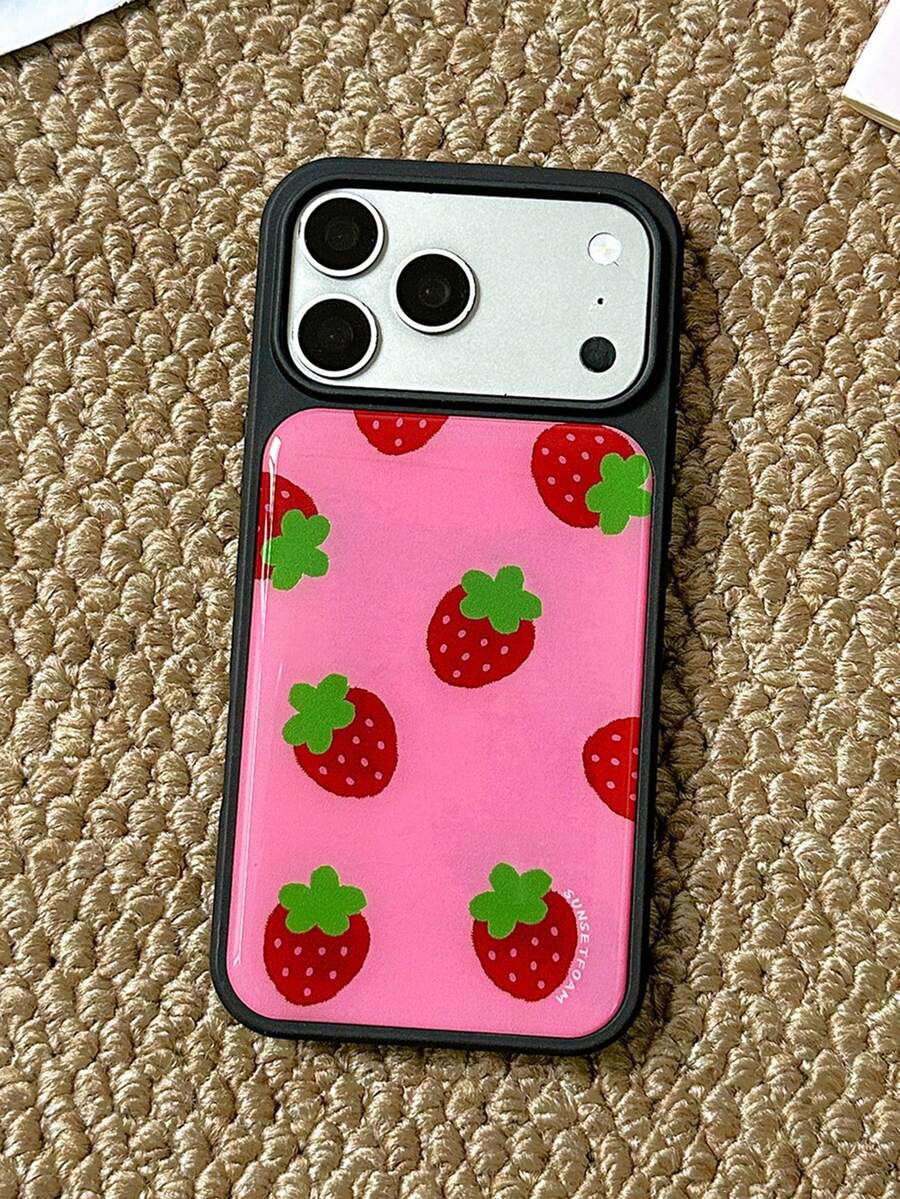 Korean Style 17 Pro Max Strawberry Phone Case Drip Glue Compatible With Apple Protective Cover Black Edge 16 Full Body Anti-Drop 15 Plus Girly 14/13/12 - Multicolor - View 1