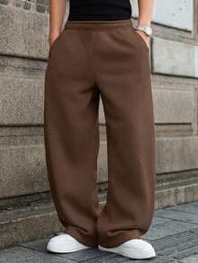 1件青少年男孩帥氣休閒抓絨長褲 春夏秋萬聖節 - 棕色 - 查看 3