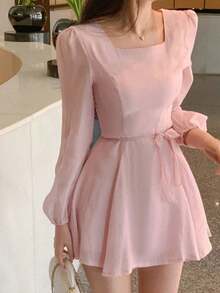 YijiaNvz  Vestido corto con cuello cuadrado pequeño y manga larga para mujer, color rosa, vestido de verano para primavera/verano/otoño - Verde - Ver 2
