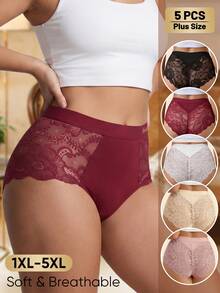 MEIYATING 5pcs Plus Size Women Mid-High Waist Lace Trim Semi-Sheer Sexy English Fashion Print Comfortable Lightweight Triangle Panties Summer - Multicolor - View 1