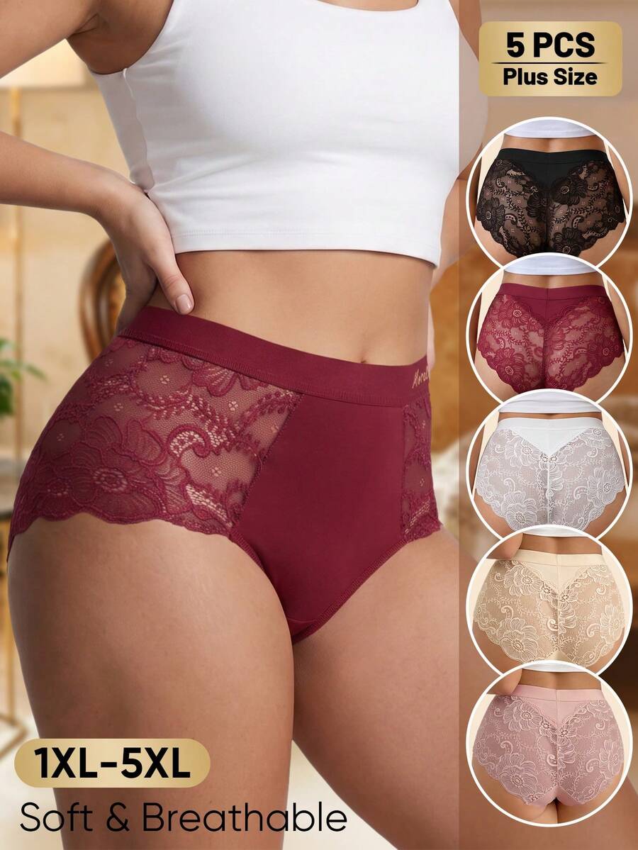 MEIYATING 5pcs Plus Size Women Mid-High Waist Lace Trim Semi-Sheer Sexy English Fashion Print Comfortable Lightweight Triangle Panties Summer - Multicolor - View 1