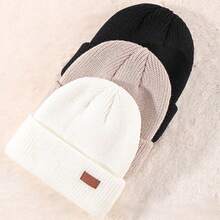 3 piezas / 1 pieza Gorro de punto unisex de unicolor con etiqueta de cuero, versátil y cálido, protección para las orejas, estilo minimalista, etiqueta pequeña, protección contra el frío, estilo japonés, versión coreana, otoño/invierno - Multicolor - Ver 3