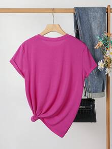 Elegant Watercolor Floral Print T-Shirt + Short Sleeves + Round Neck + Casual Spring And Summer Clothing For Women - 玫紅色 - 查看 2