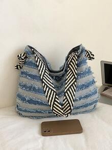 1 pieza, 42cm*1cm*34cm, Gran Capacidad, Bolso de Hombro de Mezclilla, Mochila Escolar, Mochila de Estudiante, Escuela Secundaria, Escuela Media, Mochila de Estudiante Universitario, Bolso Tote Abierto, Bolso de Hombro Casual para Compras, Bolso Casual para Compras, Bolso Hobo, Bolso con Borlas, Bolso para Viajes Diarios, Temporada de Regreso a Clases, Adecuado para Campus, Viajes Diarios, Compras, Regalos, Etc. - A - Ver 5