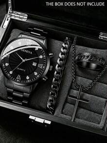 4pcs Men's Black Accessory Set, Black Dial Rhinestone Roman Numeral Quartz Watch Paired With Cuban Bracelet, Cross Necklace And Vintage Ring, Rugged And Handsome, Perfect Gift For Boyfriend, Son, Father On Birthday, Valentine's Day Or Father's Day, Showcasing Man Charm. Gift Box Not Included - Black - View 1