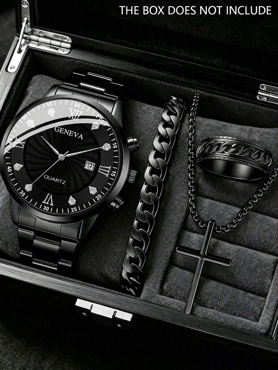 4pcs Men's Black Accessory Set, Black Dial Rhinestone Roman Numeral Quartz Watch Paired With Cuban Bracelet, Cross Necklace And Vintage Ring, Rugged And Handsome, Perfect Gift For Boyfriend, Son, Father On Birthday, Valentine's Day Or Father's Day, Showcasing Man Charm. Gift Box Not Included - Black - View 1