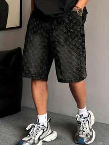 Men's Plus Size Fashion Embroidered Denim Shorts - Black - View 1