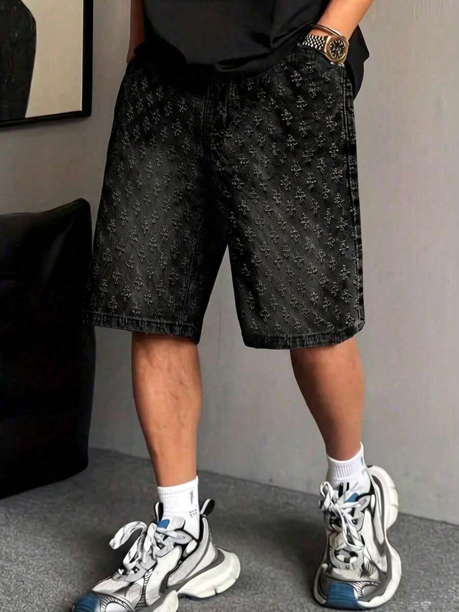 Men's Plus Size Fashion Embroidered Denim Shorts - Black - View 1