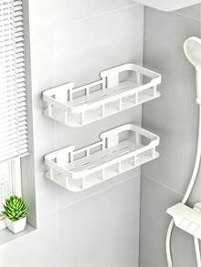 1pc No-Drill Bathroom Wall Mounted Shelf With Hooks, Wall Hanging Shower Storage Rack, Rustproof & Durable, Easy Installation Space-Saving Shower Bathroom Accessory, Load Capacity 3kg - Multicolor - View 9