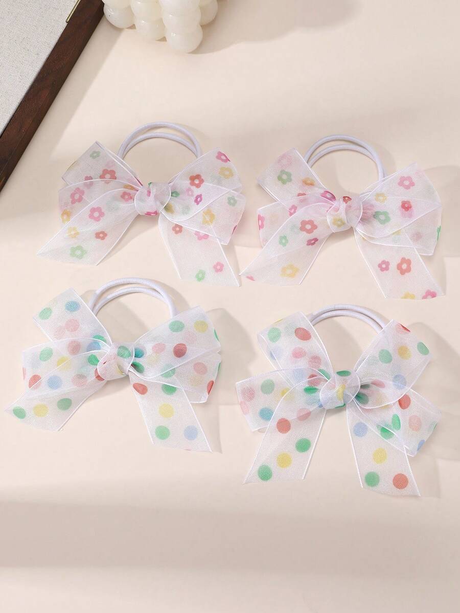 2件/4件裝 女孩波點花朵網紗蝴蝶結髮帶組合套裝,適合日常裝飾 - 彩色 - 查看 1