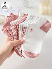 5 Pairs Women's Ankle Socks, Pink Striped Floral Mid-Calf Socks, Comfortable For Sports And Daily Wear, Versatile And Breathable - Multicolor - View 3