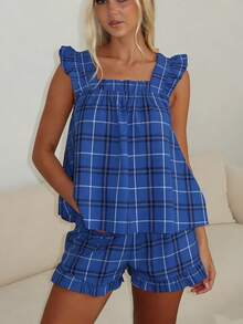 Women Summer Pajama Set Solid Flying Sleeve Tank Tops And Ruffle Shorts 2 Piece Casual Lounge Outfit - Blue - View 4