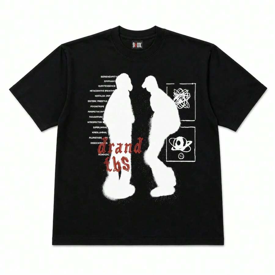 North Vault Grunge Print T-Shirt, Bold Urban Style T-Shirt, Plus Size Black T-Shirt, Alternative Aesthetic T-Shirt, Striking Print T-Shirt - 黑色 - 查看 1