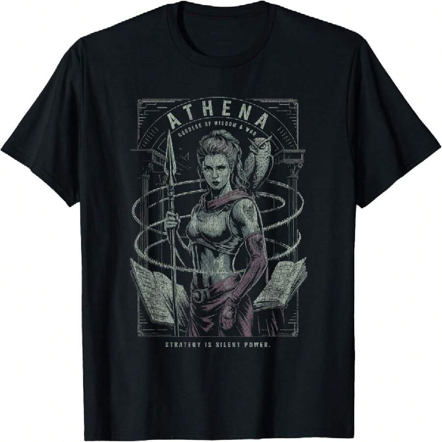 Athena With Owl And Spear Ancient Wisdom And Strategy Art T-Shirt - Black - View 1