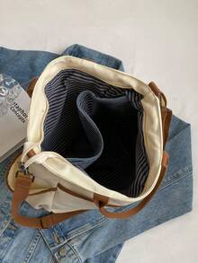 Shopping Bag With Contrast Trim, Casual Multi-Pocket Bag For Graduates, Teenage Girls, Freshmen, - 黑色 - 查看 4