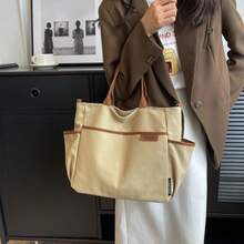 Shopping Bag With Contrast Trim, Casual Multi-Pocket Bag For Graduates, Teenage Girls, Freshmen, - 卡其色 - 查看 2