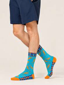 1 Pair Men Lizard Print Crew Socks, Blue & Orange Plaid Trim, Soft & Breathable, Fun Reptile Design, Great For Christmas & Holiday Gifts. - Multicolor - View 2