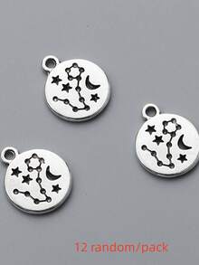 12pcs Random Assorted 12 Zodiac Signs Alloy Pendants DIY Handmade Jewelry Accessories, Astrological Star Moon Round Charms, Vintage Silver-Tone Pendants For Bracelets, Necklaces, Keychains - Multicolor - View 16