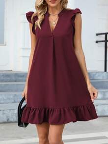 Dresses Women Summer Cap Sleeve V Neck Ruffled Hem Solid Smock Casual Mini Sundress - Burgundy - View 3