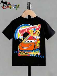 Disney Cars Kids Custom T-Shirt, Lightning McQueen "Wedding LZ" Double-Sided Graphic Tee, Black Short Sleeve - 黑色 - 查看 2