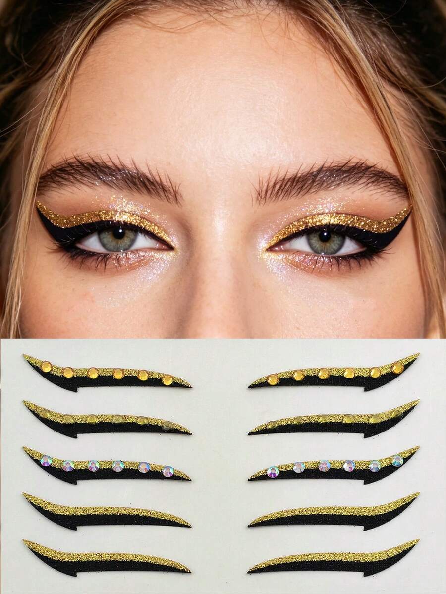 1pc Yellow And Black Rhinestone Eyeliner Face Decoration Sticker, Diamond Eyeliner Sticker, Reusable Eyeliner Sticker, Easy To Use, Suitable For Women's Makeup And Eye Decoration - 彩色 - 查看 1
