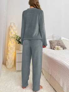 2pcs Women's Thick Warm Fluffy Pajama Set, Autumn/Winter Embroidered Solid Color Loungewear, Casual Comfortable Crew Neck Top And Pants, Suitable For Home Wear And Daily Wear - Army Green - View 3
