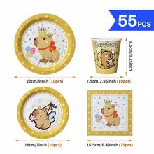 55/25/10件組 卡通水豚生日主題一次性餐具套裝，完整套裝包含紙盤、紙杯、餐巾紙，柔和粉嫩色調可愛設計，適合兒童周歲生日派對、寶寶生日派對、療癒動物主題聚會，氛圍感餐桌派對裝飾用品 - 款式1 - 查看 2
