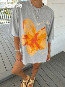 Tops Women Summer DEAR MOLLY Beach Club Swim Hibiscus Print T-Shirt,Casual Loose Round Neck Drop ShoulderShort SleeveTee,Daily Wear,&ComfortableY2k - 灰色 - 查看 1