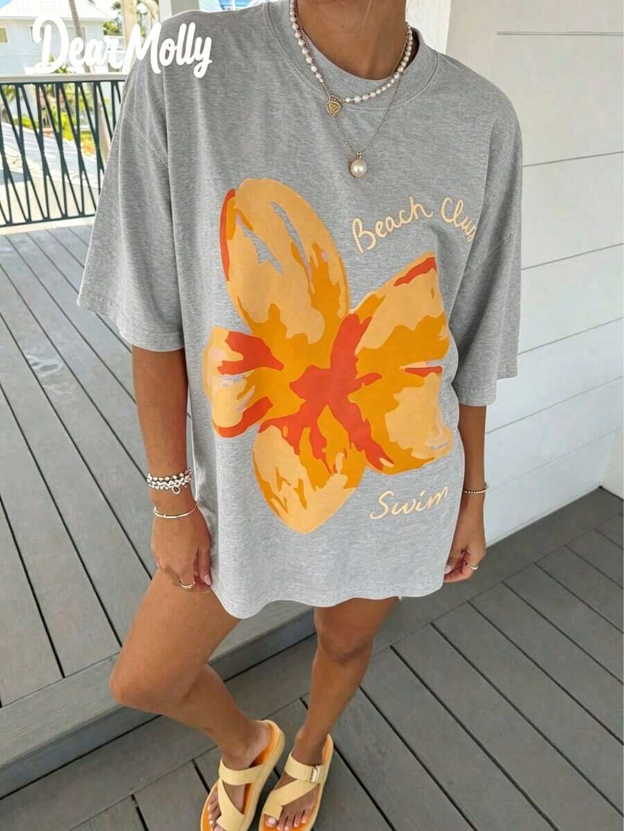 Tops Women Summer DEAR MOLLY Beach Club Swim Hibiscus Print T-Shirt,Casual Loose Round Neck Drop ShoulderShort SleeveTee,Daily Wear,&ComfortableY2k - 灰色 - 查看 1