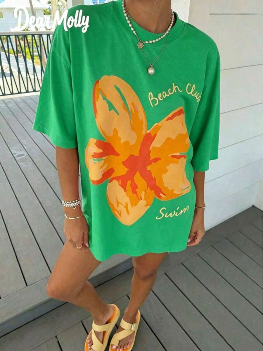 Tops Women Summer DEAR MOLLY Beach Club Swim Hibiscus Print T-Shirt,Casual Loose Round Neck Drop ShoulderShort SleeveTee,Daily Wear,&ComfortableY2k - 綠色 - 查看 1