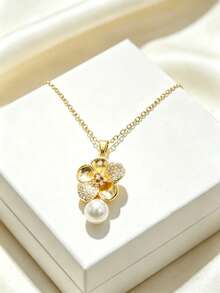 1 Set Stainless Steel Chain Zirconia Flower Pendant Women's Fashion Necklace & Earrings Jewelry, Gift Accessory - Style D - View 7