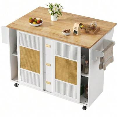 Kitchen Island, Kitchen Unit, Freestanding Kitchen Island, Sideboard, 120 X 73 (45) X 90 Cm, Extendable Kitchen Cart On Wheels, Towel Rack, Spice Rack, Adjustable Shelves, White