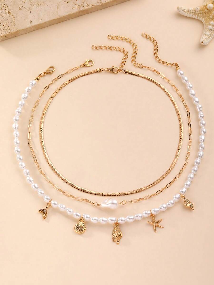3piezas/Set Collar con Colgante de Estrellas de Mar, Conchas y Peces Estilo Bohemio Oceánico, Accesorio Diario para Adolescentes en Vacaciones - Multicolor - Ver 1