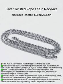 不鏽鋼扭鍊項鍊，時尚經典鍊條，長度60cm，中性款，夏季飾品，男士禮物 - 銀色 - 查看 2