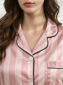 Veyra Day 2-Piece Pajama Set Short-Sleeved Shorts Striped Print Casual Women's Home Wear Set - Pink - View 5
