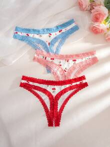 3 Stück/Pack Damen bedruckte Spitzen-Patchwork Schleifen Komfort Tanga Höschen - Weiss - Übersicht 2
