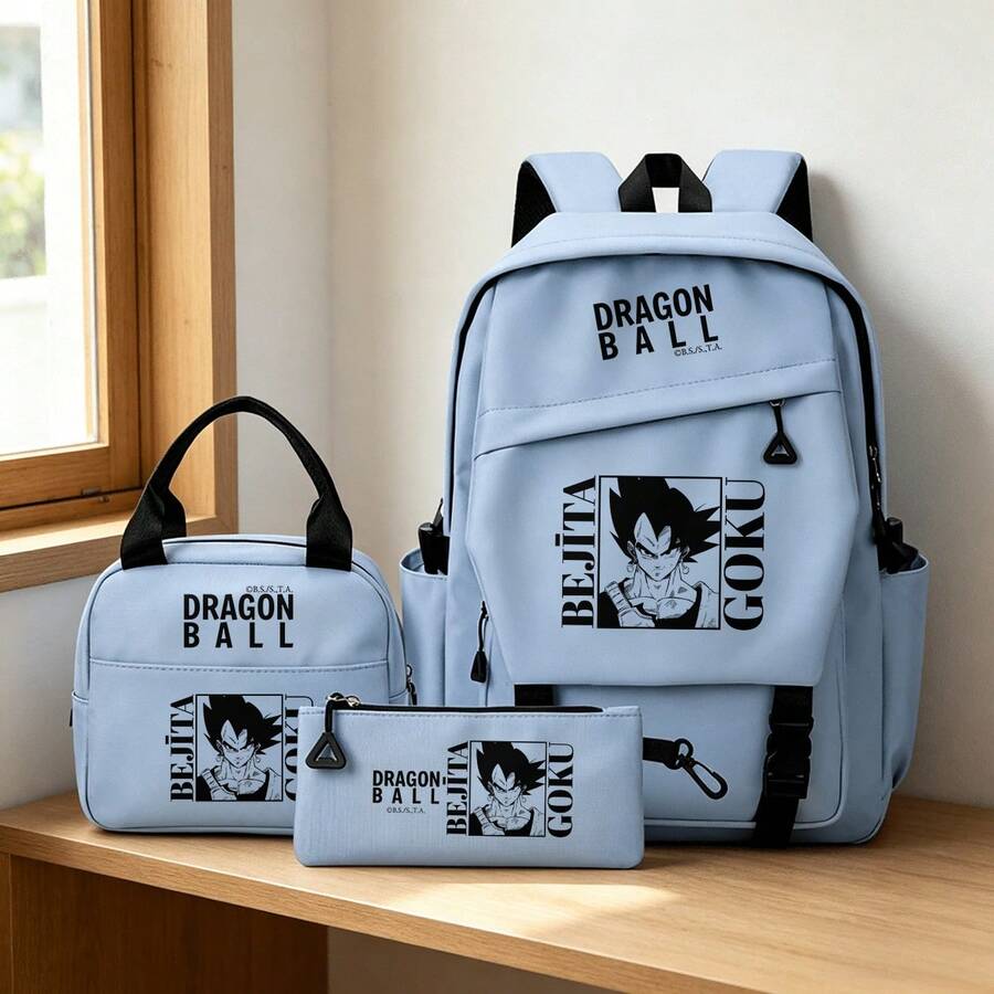 Miniso Dragon Ball 3PCS Backpack Set, Vegeta & Goku Printed Casual School Backpack Combo With Tote Bag & Pencil Pouch For Students - Blue - View 1
