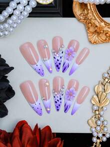 10 buah Kuku Tempel Lancip Buatan Tangan, Gaya Seni Kuku Musim Panas, Kuku Berhiaskan Berlian Imitasi Polka Dot Ungu Gaya Prancis, Bahan Akrilik Premium, Cocok untuk Pemakaian Sehari-hari dan Liburan Wanita - MultiWarna - View 4