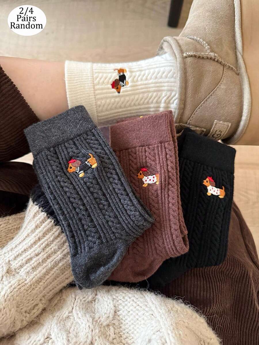 2/4 Pairs Women's Solid Color Dog Embroidered Mid-Calf Socks, Soft & Fashionable, Suitable For Daily Wear, Random Colors - Multicolor - View 1
