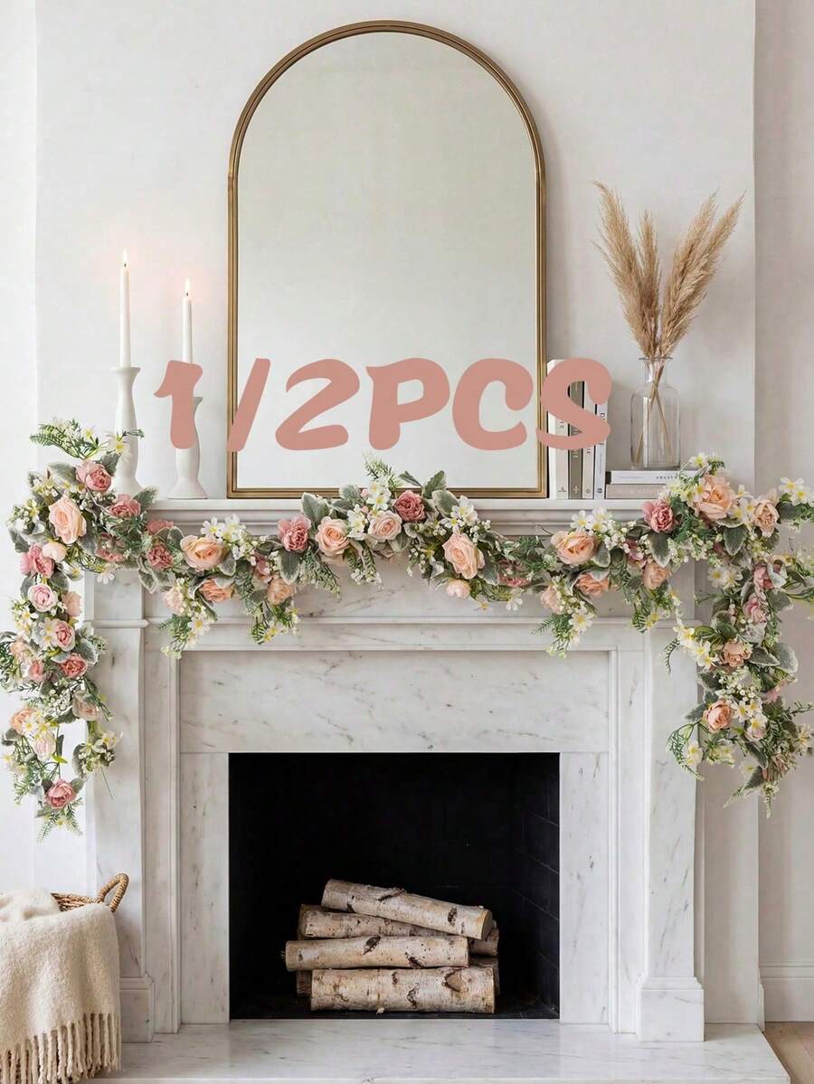 OBOVAY 1/2 Stücke Kamin Blumen Dekorationsschema, haustierfreundlich ohne Haarausfall, für Katzen zum Verzehr, hochwertige Kunstblumen, Schlafzimmer Nachttisch Arrangement mit Kunstblumenranken und weißem Kaminmantel, geeignet für Feiertage, Hochzeiten oder tägliche Heimdekoration, schafft eine romantische und sanfte visuelle Atmosphäre, verbessert Raumstil und künstlerische Schönheit, Outdoor Garten Dekoration Kunstblumen, Muttertags Party Dekoration Kunstblumen - Verschiedenfarbig - Übersicht 1