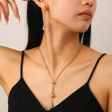 3pcs/Set Fashion Stainless Steel Water Drop Pendant Earrings & Necklace Set, Women's Jewelry Set - Gold - View 2