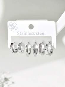 Set de 6 pendientes de aro de acero inoxidable minimalistas y lisos, aptos para uso diario - Multicolor C - Ver 17