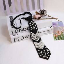Y2K Style Cute & Chic Pearl & Rhinestone Bow Tie, Unique Design No-Tie Neutral Party Accessory - Black - View 14