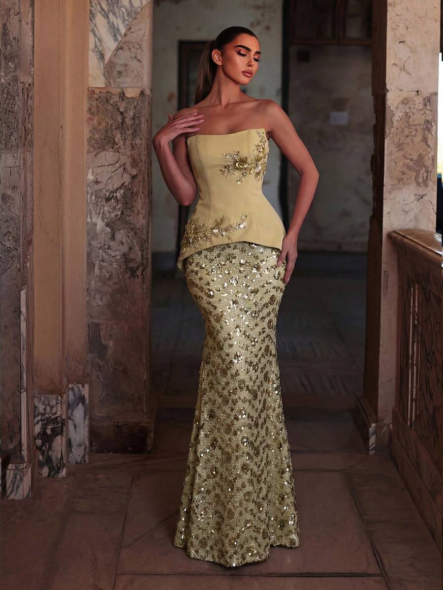 Faeriesty Trägerloses Pailletten-Meerjungfrau-Abendkleid mit Blumenstickerei, juwelenbesetzter Taille und schimmerndem Fischschwanz-Saum für Party und Hochzeit - Gold - Übersicht 1