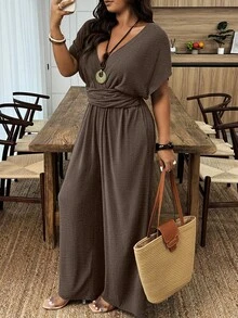 Chic Urbano.Mono Largo de Verano con Manga Murciélago, Cuello en V y Torsión, Estilo Casual de Vacaciones, Holgado, Talla Grande, Ropa de Calle Diaria, Mono de Pierna Ancha - Café integral - Ver 2