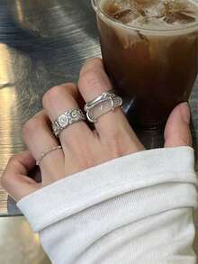 1pc Vintage Minimalist Natural Translucent White Agate Faux Chalcedony Ring, Unique Double-Layer Design, High-End Index Finger Ring, Elegant Versatile Couple Jewelry - Silver - View 1